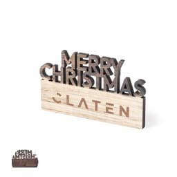 A wooden decorative piece features "Merry Christmas" in a layered design with a base. It has a natural wood finish.