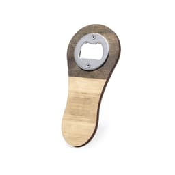A drink bottle opener with a wooden handle in light and dark brown tones. It features a metal opening mechanism and branding.
