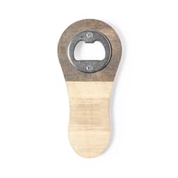 A drink bottle opener with a wooden handle and a metallic opening mechanism, featuring a logo.