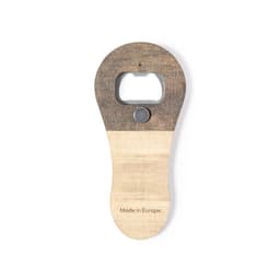 A drink bottle opener with a wooden design, featuring a dark top section and a lighter bottom section. It has a logo.