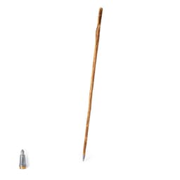 A walking stick made of natural wood with a pointed tip, accompanied by a metallic cap.