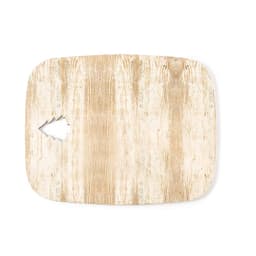 A wooden cutting board with a natural wood grain design and a tree-shaped cutout in one corner.