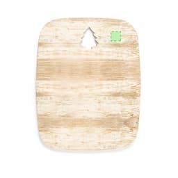 A wooden cutting board with a rustic finish and a tree-shaped cutout at the top. It has a light, natural colour.