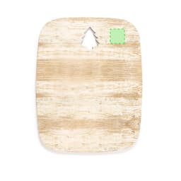 A wooden cutting board featuring a tree-shaped cutout at the top, with a rustic, light brown finish.