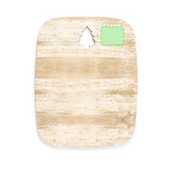 A wooden chopping board with a natural wood grain finish and a tree-shaped cutout at the top.
