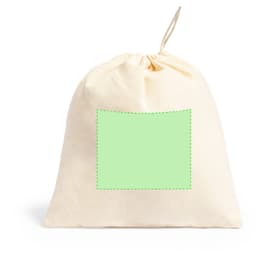 A cream-coloured drawstring bag with a blank green label area in the centre.
