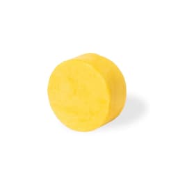 A round, yellow solid product, resembling a bar, suitable for hair and beauty care.