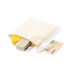 A fabric pouch containing two solid shampoo soaps, one yellow and one grey with poppy seeds. The pouch has a logo.
