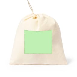 A beige cotton drawstring bag featuring a plain green square for custom branding or design.