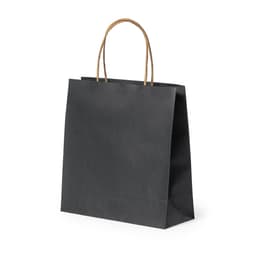 A black paper bag with brown handles and a simple design. It features a logo on one side.