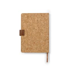 A cork-covered diary with a brown leather strap, featuring a matching ribbon bookmark.