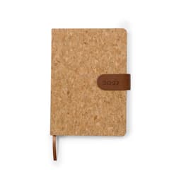 A diary featuring a cork exterior with a brown leather strap, marked with the year 2027.