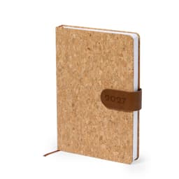 A cork diary with a brown leather band, featuring a simple design for the year 2027.