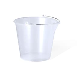 A transparent measuring bucket with a metallic handle and measurement markings on the side.