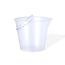 A transparent measuring bucket with a silver handle, featuring measurement markings on the side.