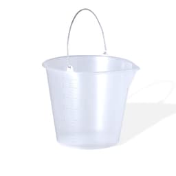 A clear plastic measuring bucket with a metal handle and measurement markings on the side.