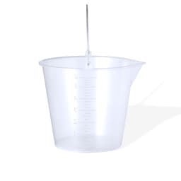 A clear plastic measuring bucket with measurement markings on the side and a pouring spout.