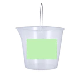A transparent plastic measuring bucket with a silver handle and a blank green panel on the front.