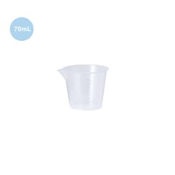 A measuring cup in clear plastic, featuring measurement markings and a pouring spout, 70 mL capacity.