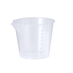 A clear plastic measuring cup with markings for measurement. It features a spout for easy pouring.