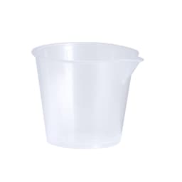 A clear plastic measuring cup with a spout, featuring a smooth surface and no visible markings.