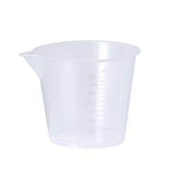 A clear plastic measuring cup with measurement markings, featuring a spout for easy pouring.