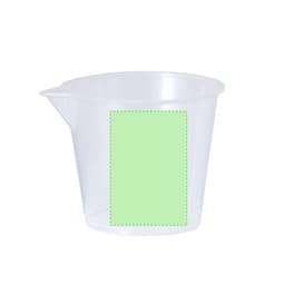 A transparent measuring cup with a spout, featuring a blank green label area on the side.