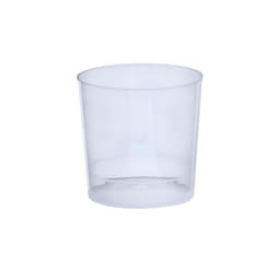 A clear plastic tumbler with a smooth finish, suitable for various drinks. It features a simple design and has a logo.