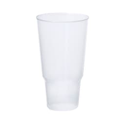 A drink tumbler in transparent plastic with a smooth surface and a tapered design. It features a subtle branding logo.
