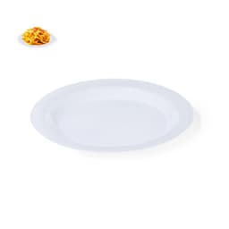 A white plate with a raised edge, displaying simple and clean design. Includes a logo.