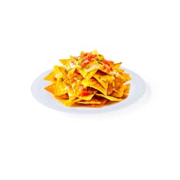 A plate of golden nachos topped with melted cheese, diced tomatoes, and green chillies, arranged in a pyramid shape.