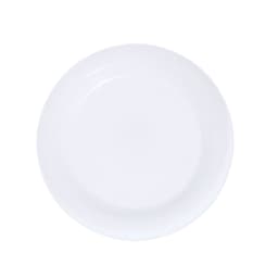 A white plate with a smooth surface and a slight raised edge, featuring a logo on the underside.