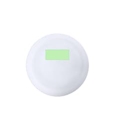 A round, white plate with a smooth surface and a subtle green accent area. It features a logo in the centre.