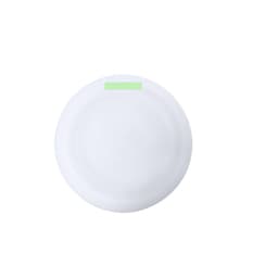 A white plate featuring a subtle green accent, designed for home use. Includes a logo.