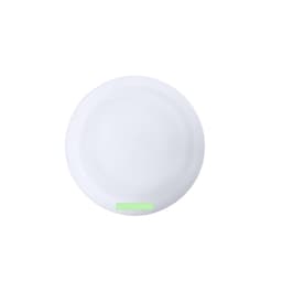 A white circular plate with a smooth surface and a branding logo. Suitable for various dining occasions.