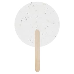 A round, white fan with a wooden handle, featuring a speckled design.