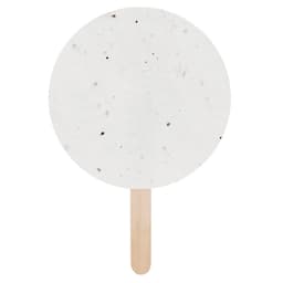 A circular white textured disc attached to a wooden stick, resembling a large ice cream or popsicle.