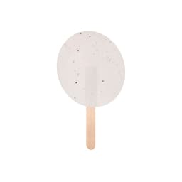 A round, speckled white ice cream pop with a wooden stick handle.