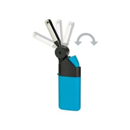 A blue kitchen lighter with a flexible neck and a shiny silver nozzle, featuring a logo on the body.