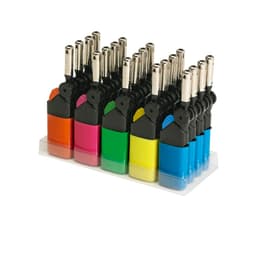 A display of colourful kitchen lighters in orange, pink, green, yellow, and blue, arranged in a tray.