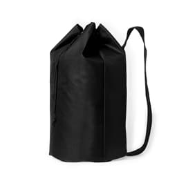 A black duffel bag with a drawstring closure and a shoulder strap. It features a simple design and has a logo.