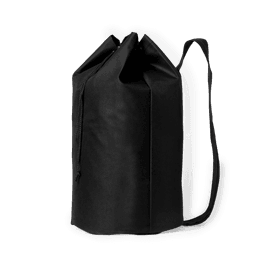 A black giant duffel bag with a drawstring closure and a shoulder strap, featuring a logo.