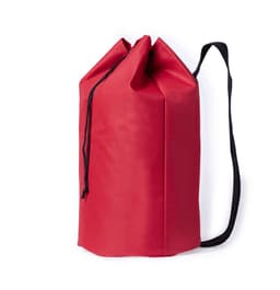 A red giant duffel bag with a drawstring closure and a black shoulder strap. It features a logo.