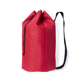 A red duffel bag with a drawstring closure and a black shoulder strap, featuring a logo.