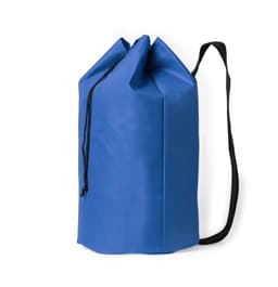 A blue duffel bag with a drawstring closure and a black shoulder strap, featuring a logo.