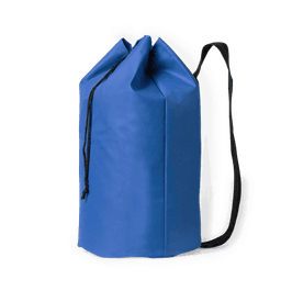 A blue giant duffel bag with a drawstring closure and a black strap. It features a simple design with a logo.