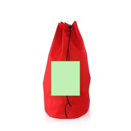 A large red duffel bag with a drawstring closure and a prominent blank area for customization.