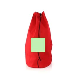 A red giant duffel bag with a drawstring closure and a blank green square area for customisation.
