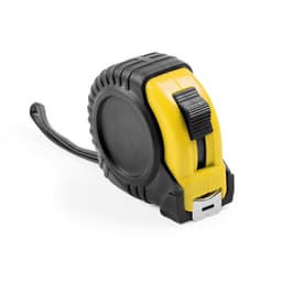A tape measure with a black and yellow casing, featuring a texture grip and a retractable metal measuring tape.