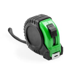 A green and black tape measure with a textured grip and a locking mechanism. It features a brand logo on the side.